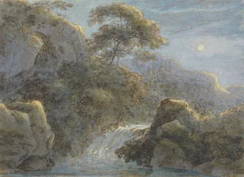 Waterfall in the Mountains by Moonlight